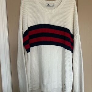 Women’s White Sweater with Red and Blue Stripes